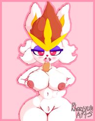 2026 2d 2d_(artwork) 2d_artwork big_breasts breasts cinderace cum cum_in_mouth cum_on_breasts female fur generation_8_pokemon human_male interspecies male male/female nintendo nipples penis pokemon pokephilia rhenyumarts saliva sweat titfuck tongue tongue_out white_fur