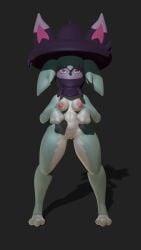 3d_(artwork) 4k 9:16 absurd_res anthro areola black_nose blue_body blue_fur breasts clothing digital_media_(artwork) eyelashes female front_view fur genitals gloves_(marking) grey_background hat headgear headwear hi_res katress leg_markings looking_at_viewer markings navel nipples nude pal_(species) palworld pink_areola pink_eyes pink_nipples pocketpair purple_clothing purple_hat purple_headwear purple_scarf scarf simple_background small_breasts socks_(marking) solo thick_thighs vulva white_body white_fur wide_hips witch_hat zhenash
