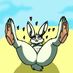 absurd_res anonymous_artist duo eyelashes feet female feral genitals green_eyes half-closed_eyes heart_symbol hi_res human lagomorph leporid male male/female mammal narrowed_eyes rabbit scut_tail short_tail tail vulva