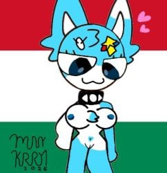 anthro belly_button_heart breasts cat_ears cyan_body dark_blue_eyes digital_drawing_(artwork) edit edited female female_only flag hungary kit_community kit_community_v2 meddy_kit munchykirby1 navy_blue_nipples no_tail nude_anthro original_character small_nipples smirking star_on_head tagme tiktok vagina white_belly
