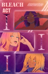 3girls bleach blonde_hair comic comic_cover female female_only matsumoto_rangiku orange_hair posing sakurabuto shihouin_yoruichi tia_harribel violet_hair