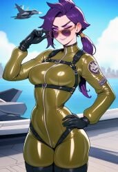 ai_generated ai_assisted ai prussia123 1girls morgana league_of_legends goth goth_girl purple_hair purple_eyes aviator_sunglasses pilot_suit pilot skin_tight full_body_suit military_clothing air_force sexy sexy_body sexy_female sexy_clothing solo solo_female jet