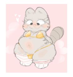 :3 anthro belly bikini bikini_thong blush bodily_fluids bubble bulge clothing domestic_cat eyelashes felid feline felis fur garfield_(series) gold_bikini grey_body grey_fur hands_behind_back hi_res iigomeow legwear looking_down male mammal markings navel nermal_(garfield) overweight pink_nose pube_peek pubes pupils shortstack shortstack_male smile snot snot_bubble solo standing striped_markings stripes swimwear tail thigh_highs two-piece_swimsuit
