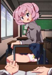 1boy 1girls absurd_res absurd_resolution absurdres animal_print ass back-print_panties bear_panties bear_print blue_skirt blush breasts brown_jacket bulletin_board care_bears cartoony chair chalkboard character_print classroom clothes_lift clothes_writing cloud curtains ddlc doki_doki_literature_club doki_doki_literature_club_school_uniform euf-dreamer female from_behind funshine_bear hair_ornament hairclip heart heart_panties heart_print hi_res high_quality high_resolution highres jacket lace lace-trimmed_panties lace_trim long_sleeves looking_at_viewer looking_back mc_(doki_doki_literature_club!) natsuki_(doki_doki_literature_club) neck_ribbon notebook open_mouth panties picot_trim picot_trim_panties pink_eyes pink_hair pink_trim print_panties protagonist_(doki_doki_literature_club) rainbow_print red_ribbon ribbon school school_uniform serenity_forge shirt short_hair sitting skirt skirt_lift sky small_breasts smile speaker star_(symbol) star_panties star_print striped_clothes striped_panties team_salvato twintails underwear white_panties white_shirt window x_hair_ornament