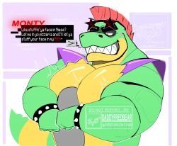 alligator animatronic anthro bara blush blushing dialogue english_text five_nights_at_freddy's five_nights_at_freddy's:_security_breach fredrick7298 gay living_machine male male_only montgomery_gator_(fnaf) muscular muscular_male pecs robot size_difference steel_wool_studios sunglasses teasing text