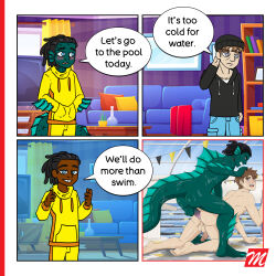 1:1 absurd_res anthro aquatic black_hair blue_body blue_eyes bodily_fluids brown_body brown_skin building comic cum cum_inside dreadlocks duo ejaculation english_text feet fin from_behind_position genital_fluids hair hi_res house human humanoid locks long_tail male male/male mammal membrane_(anatomy) merfolk monster novel_bomb pulling_hair scales sex speech_bubble split_form standing swimming_pool tail text toes touching_hair transformation webbed_feet wet