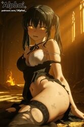 1girl 2025 2026 absurd_res absurdres ai ai-created ai_art ai_assisted ai_generated alphai anime_coloring ass bare_shoulders black_dress black_hair black_ribbon black_thighhighs blush blushing bra_strap burning_background church church_burning cinematic_lighting colorful_background depth_of_field detailed_background detailed_hair detailed_skin dirty dramatic_shadows en'en_no_shouboutai enen_no_shouboutai fire_force glowing_eyes high_quality high_resolution highres long_hair looking_at_viewer medium_breasts midriff moody_lighting naughty_face navel neck_ribbon orange_background orange_eyes particles patreon patreon_link patreon_url patreon_username raised_eyebrows ruins scared_expression semirealistic side_view skindentation stomach strap_slip sunset tamaki_kotatsu thighs torn_clothes torn_dress torn_thighhighs twintails volumetric_lighting white_bra white_pupils yokozuwari