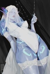 luceat hi_res 2026 blizzard_entertainment warcraft world_of_warcraft nightborne aruin elf elf_ears elf_female blue_skin body_markings white_hair long_hair blue_hair two-tone_hair blue_sclera white_eyes hair_ornament butterfly_hair_ornament looking_at_viewer red_lipstick earrings long_eyebrows armwear white_armwear leotard veil wide_hips thick_thighs stockings white_stockings big_thighs wedding_dress wedding_veil