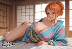 1girls ai_generated big_breasts breasts breasts_out brown_eyes female female_focus female_only human japanese_clothes kimono laying_down laying_on_side meromeroai nami_(one_piece) nipple_slip nipples one_piece orange-haired_female orange_hair smile wano_country