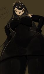 alice_angel angel below_view bendy_and_the_ink_machine big_breasts black_hair blush bottom_heavy demon dominant_female femdom from_below hands_on_hips hips hips_wider_than_shoulders huge_breasts huge_thighs looking_at_viewer looking_down looking_down_at_viewer low-angle_view low_angle mascot_horror pov selissa sketch susie_campbell thick_thighs tight_clothing twisted_alice viewed_from_below wide_hips wide_thighs