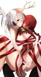 2girls biting biting_neck chainsaw_man christmas female female/female female_only fingering fingering_partner fingering_pussy makima_(chainsaw_man) neck_bite quanxi_(chainsaw_man) red-haired_female red_hair tagme_(artist) white-haired_female white_hair wrapped wrappings yuri