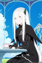 1boy ai_generated bangs black_capelet black_dress black_eyes blue_sky blush bulge butterfly_hair_ornament chair closed_mouth cloud cloudy_sky colored_eyelashes cup day dress echidna_(re:zero) femboy genderswap genderswap_(ftm) hair_between_eyes hair_ornament holding long_hair long_sleeves looking_at_viewer male outdoors re:zero_kara_hajimeru_isekai_seikatsu sitting sky smile solo striped striped_dress table teacup tehmar trans_woman transfem trap vertical-capelet vertical_stripes white_hair