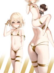 1girls arm_behind_back arm_ribbon arm_up artist_name ass back bikini blonde_hair blush breasts butt_crack character_doll choker commander_(nikke) doctorcroe doll eyes_out_of_frame fingerless_gloves flat_chest frilled_gloves frills gloves goddess_of_victory:_nikke gold_bikini gold_choker gold_gloves golden_week hair_bobbles hand_on_own_cheek hand_on_own_face holding_doll liter_(nikke) looking_at_viewer micro_bikini multi-strapped_bikini_bottom multiple_thigh_straps multiple_views navel o-ring o-ring_bikini parted_lips short_hair short_twintails simple_background standing stomach swimsuit tearing_up thigh_strap twintails white_background yellow_eyes