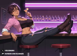 1girls breasts dispatch_(game) female female_focus female_only invisigal large_breasts looking_at_viewer midriff solo thick_thighs thighs wide_hips legs_on_table boots bar_stool bar club pub cocktail neon_lights ai_generated stable_diffusion illumaru hi_res detailed 2026 patreon_username