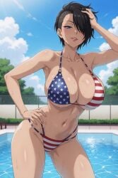 original_character bikini american_flag_bikini black_hair hair_over_one_eye blue_eyes pool poolside tagme ai_generated looking_at_viewer large_breasts breasts big_breasts female female_focus 1girls american american_female hand_on_hip