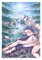 1boy 1girls anal armor armored_female ass ass_grab barefoot breast_grab breasts chainmail clothed_sex cum cum_in_ass cum_inside elden_ring feet forest fromsoftware kikoburza latenna_the_albinauric looking_pleasured moaning moaning_in_pleasure moon night night_sky outdoor_sex outdoors pleasure_face sex sex_on_cloak side_fuck silver_hair straight tarnished unseen_male_face wolf