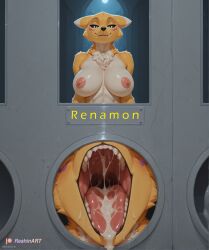after_fellatio ai_generated cum cum_in_mouth glory_hole large_breasts naked nipples photo renamon renamon_(digimon) reshinart text