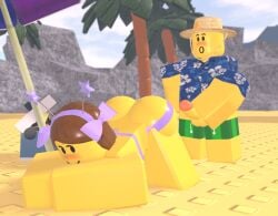 1boy 1boy1girl 1girl1boy 1girls 3d 3d_(artwork) ass beach bloxzrd bloxzrd_(artist) blushing breasts brown_hair clothed exposed_penis imminent_sex jack-o_pose large_breasts long_hair looking_at_partner looking_back meme meme_reference penis plutonicylw public public_indecency public_nudity public_sex retro_artstyle roblox roblox_avatar roblox_studio robloxian stroking_penis style_emulation style_imitation style_parody teasing video_games yellow_body yellow_skin