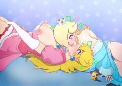 2026 2girls absurd_res areolae big_breasts blonde_hair breasts commission crown earrings eshiede female female/female female_only hair_over_one_eye hypnotized kissing light_blush long_hair mario_(series) mind_control nintendo nipple_pinch nipples nipples_outside pinching_own_nipple pink_eyes princess princess_peach princess_rosalina super_mario_bros. super_mario_galaxy tongue_kiss yuri