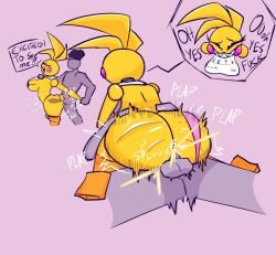 1boy 1girls animatronic animatronic_female beakless chicken chicken_girl cowgirl_position dialogue female five_nights_at_freddy's five_nights_at_freddy's_2 fnaf furry ghoulieskeleton human phasianid riding robot robot_girl scottgames sex straddling straight toy_chica_(fnaf) yellow yellow_skin