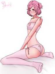 1girls ass blush bra cat_collar cat_cutout cute_girl doki_doki_literature_club female female_only heart_cutout looking_at_viewer natsuki_(doki_doki_literature_club) panties pink_bra pink_eyes pink_hair pink_panties pink_socks shadikbitardik slim_girl slim_waist socks solo underwear