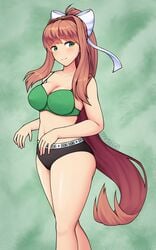 black_underwear bra doki_doki_literature_club green_bra green_eyes light_brown_hair long_hair long_hair_female monika_(doki_doki_literature_club) signature triplestabber underwear