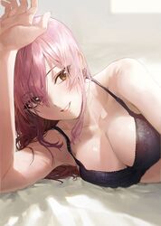 bangs bare_shoulders black_bra black_underwear blush bra breasts clavicle cleavage earrings female hair_between_eyes hand_up high_resolution idolmaster idolmaster_cinderella_girls jewelry jougasaki_mika lingerie long_hair looking_at_viewer lying medium_breasts mossi on_side parted_lips pink_hair sidelocks smile solo underwear upper_body yellow_eyes