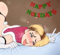 1girls 2d absurd_res afrobull ahe_gao big_ass blonde_hair blue_eyes blush christmas drooling eyebrow_piercing eyes_rolling_back face_down_ass_up female gloves gripping_sheets gwen_stacy heart high_resolution holidays implied_sex light-skinned_female light_skin marvel pale-skinned_female pale_skin panties peace_sign pierced_eyebrow santa_hat shaking shaved_side short_hair smile solo spider-gwen spider-man:_into_the_spider-verse spider-man_(series) sweat tongue_out top-down_bottom-up v