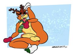 1boy anthro anus ass balls christmas crash_(series) crash_bandicoot fur furry furry_only gay gloves green_eyes male male_only marsupial one_leg_up orange_fur penis red_nose reindeer scarf socks solo spread_legs two_tone_fur video_games zackdadawg