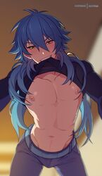 1boy abs aoba_seragaki blue_hair cute_male long_hair male male_only matemi pecs pov shirt_in_mouth shirt_lift solo undressing