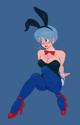 1girls 2021 blue_background blue_eyes blue_hair blue_pantyhose blush bulma_(bunny) bulma_briefs bunny_ears bunny_girl bunny_tail bunnysuit cleavage confiserie detached_collar dragon_ball dragon_ball_z female female_only fully_clothed heels hi_res leaning_back looking_away medium_hair neck_ribbon pantyhose ribbon sitting solo solo_female wrist_cuffs