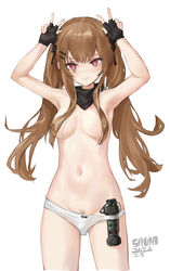 absurdres areolae bangs black_bow black_gloves black_scarf bow bow_panties brown_hair closed_mouth double_w female female_pubic_hair fingerless_gloves flashbang girls'_frontline gloves hair_censor hair_over_breasts hair_ribbon hands_up highres long_hair looking_at_viewer navel no_pants panties pubic_hair red_eyes ribbon sawkm scar scar_across_eye scarf sidelocks simple_background smile solo topless twintails ump9_(girls'_frontline) underwear underwear_only w white_background white_panties