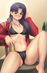 1girls big_breasts black_hair blush breasts clothed clothing collar drunk female female_focus female_only finalcake inviting legs_apart long_hair looking_at_viewer medium_breasts misato_katsuragi navel neon_genesis_evangelion open_jacket pose scar seductive solo swimsuit tagme