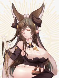 1girls bangs brown_hair chains detached_sleeves extra_ears frills galleon_(granblue_fantasy) golden_eyes granblue_fantasy horns large_breasts long_hair multicolored_hair one_eye_closed pointy_ears solo streaked_hair taut_clothes thick_thighs thighs unusually_open_eyes very_long_hair