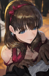 blue_eyes blush bow breasts brown_hair cleavage clothing_cutout earrings elbow_gloves eyebrows_visible_through_hair female female fishnet_gloves fishnets formal gloves hairband high_resolution idolmaster idolmaster_cinderella_girls jewelry looking_at_viewer male_pov medium_breasts mossi out_of_frame parted_lips pov red_ribbon ribbon sakuma_mayu short_hair shoulder_cutout smile solo_focus