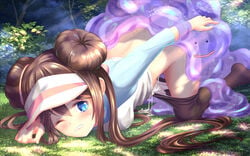 bangs blue_eyes blush breasts brown_hair bush clenched_teeth clothes_pull commentary_request day ditto double_bun eyelashes female grass h_(sfkf5588) highres light_rays long_hair nintendo one_eye_closed outdoors pantyhose pantyhose_pull pokémon_(species) pokemon pokemon_(species) pokemon_bw2 pokemon_rgby pokephilia raglan_sleeves rape rosa_(pokemon) shirt teeth top-down_bottom-up twintails visor_cap