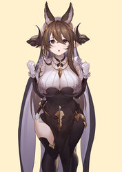 animal_ears artist_request asymmetrical_clothes asymmetrical_legwear bangs breasts brown_eyes detached_sleeves extra_ears eyebrows_visible_through_hair feet_out_of_frame female frilled_sleeves frills galleon_(granblue_fantasy) gloves granblue_fantasy horns huge_breasts large_breasts multicolored_hair open_eyes open_mouth pelvic_curtain pointy_ears solo streaked_hair unknown_artist unusually_open_eyes white_gloves