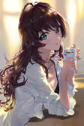 :3 black_bra black_underwear blue_eyes blush bra breasts brown_hair brunette coffee cup dare-san drink earrings female high_resolution ichinose_shiki idolmaster idolmaster_cinderella_girls jewelry light-skinned_female lipstick_mark long_hair medium_breasts messy_hair mossi mug pale-skinned_female shirt smile solo solo_female underwear wavy_hair white_shirt