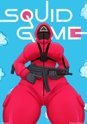 1girls 2021 big_ass big_breasts bodysuit female female_only gloves gun hoodie hourglass_figure huge_ass kogeikun machine_gun mask masked masked_female mp5 netflix nipple_bulge pink_guard pockets red_clothing solo squid_game thick_thighs tight_clothing triangle_(squid_game) watermark wide_hips zipper