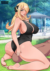 1boy 1girls areolae ass barefoot big_ass blonde_hair blush breasts cleavage clothed cynthia_(pokemon) dark-skinned_male dark_skin deckman faceless_male facesitting feet female female_focus femdom grey_eyes hair_over_one_eye human interracial kneeling large_breasts leotard long_hair looking_at_viewer looking_back male mrdeck nipples nipples_visible_through_clothing outside pokemon soles solo_focus straight thick_thighs tight_clothing