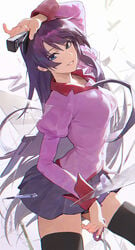 bakemonogatari black_legwear blue_eyes breasts broken_glass cowboy_shot female glass grin hair_between_eyes high_resolution holding holding_scissors long_hair long_sleeves looking_at_viewer medium_breasts miniskirt modare monogatari_(series) mossi one_arm_up pen pink_shirt pose puffy_long_sleeves puffy_sleeves purple_hair purple_skirt school_uniform scissors senjougahara_hitagi shirt simple_background skirt smile solo stapler thighhighs thighs uniform white_background zettai_ryouiki