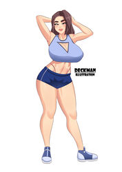 1girls booty_shorts breasts brown_eyes brown_hair cleavage cocked_hip commission crop_top deckman female female_only full_body hands_behind_head large_breasts long_hair looking_at_viewer mrdeck navel original original_character posing seductive_look shorts smile solo sports_bra sweat white_background