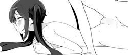 1boy absurdres blush completely_nude deep_penetration female from_side genshin_impact greyscale highres long_hair mona_(genshin_impact) monochrome nude parted_lips profile prone_bone putama rolling_eyes sex_from_behind simple_background straight torogao twintails white_background