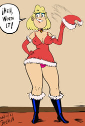 1girls bell bell_collar biesiuss blue_eyeshadow boots breasts christmas christmas_outfit cleavage collar dialogue dress english_text eyeshadow grin half-closed_eyes hand_on_hip hips knee_boots kneehighs lipstick makeup milf mother nickelodeon nipple_bulge nipples nipples_visible_through_clothing panties paramount_pictures pink_panties red_lipstick rita_loud santa_hat smile solo solo_female solo_focus speech_bubble standing straight_hair text the_loud_house thick thick_thighs thighs underwear upskirt wide_hips