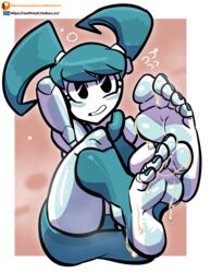 1girls 2d barefoot blush cum cum_between_toes cum_on_feet feet female female_only humanoid jenny_wakeman looking_at_viewer my_life_as_a_teenage_robot reathroch robot robot_girl robot_humanoid smooth_skin soles solo toes xj-9