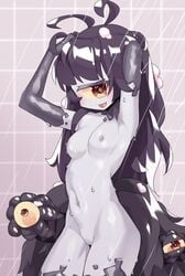 black_hair breasts brown_eyes gazer_(monster_girl_encyclopedia) looking_at_viewer monster_girl monster_girl_encyclopedia nipples nude pussy showering smile tongue_out viroa yellow_sclera