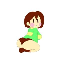 ass big_ass blush blush_stickers breasts brown_hair chara chara_(mochikirb_style) clothed clothing female kneeling looking_back mob_face mochikirb presenting_hindquarters short_hair sitting smile solo undertale undertale_(series)