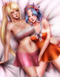 2girls artist_signature berryjewel blonde_hair blue_hair clothed_sex fairy_tail hairband hand_under_clothes implied_fingering laying_on_bed legs_held_open levy_mcgarden looking_pleasured lucy_heartfilia multiple_girls one_eye_closed ponytail short_dress short_skirt tube_top yuri