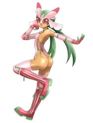 1girls alternate_outfit armor armpits ass back bare_shoulders blush boots breasts clothed cosplay dark-skinned_female dark_skin female female_only game_freak gloves green_eyes green_hair human jpeg leg_up long_hair long_twintails looking_at_viewer lurantis_(cosplay) mallow_(pokemon) mask nintendo open_mouth pokemon pokemon_(cosplay) pokemon_sm pose shoukin500 small_breasts solo solo_female superheroine surprised tan_skin thin_waist thong_leotard tongue twintails white_background