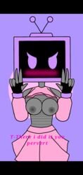 blush grey_body looking_at_viewer mariah_arts nipples pink_eyes pink_skirt purple_background robot_breasts robot_girl sam_(mariah_arts) shirt_up tv_head